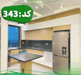 نمایی از آشپزخانه مدرن با ترکیب چوب و سنک استیل آپارتمان در قائمشهر 565456346