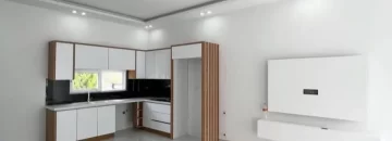آشپزخانه با کابینت های سفید و طرح چوب 454456384797/